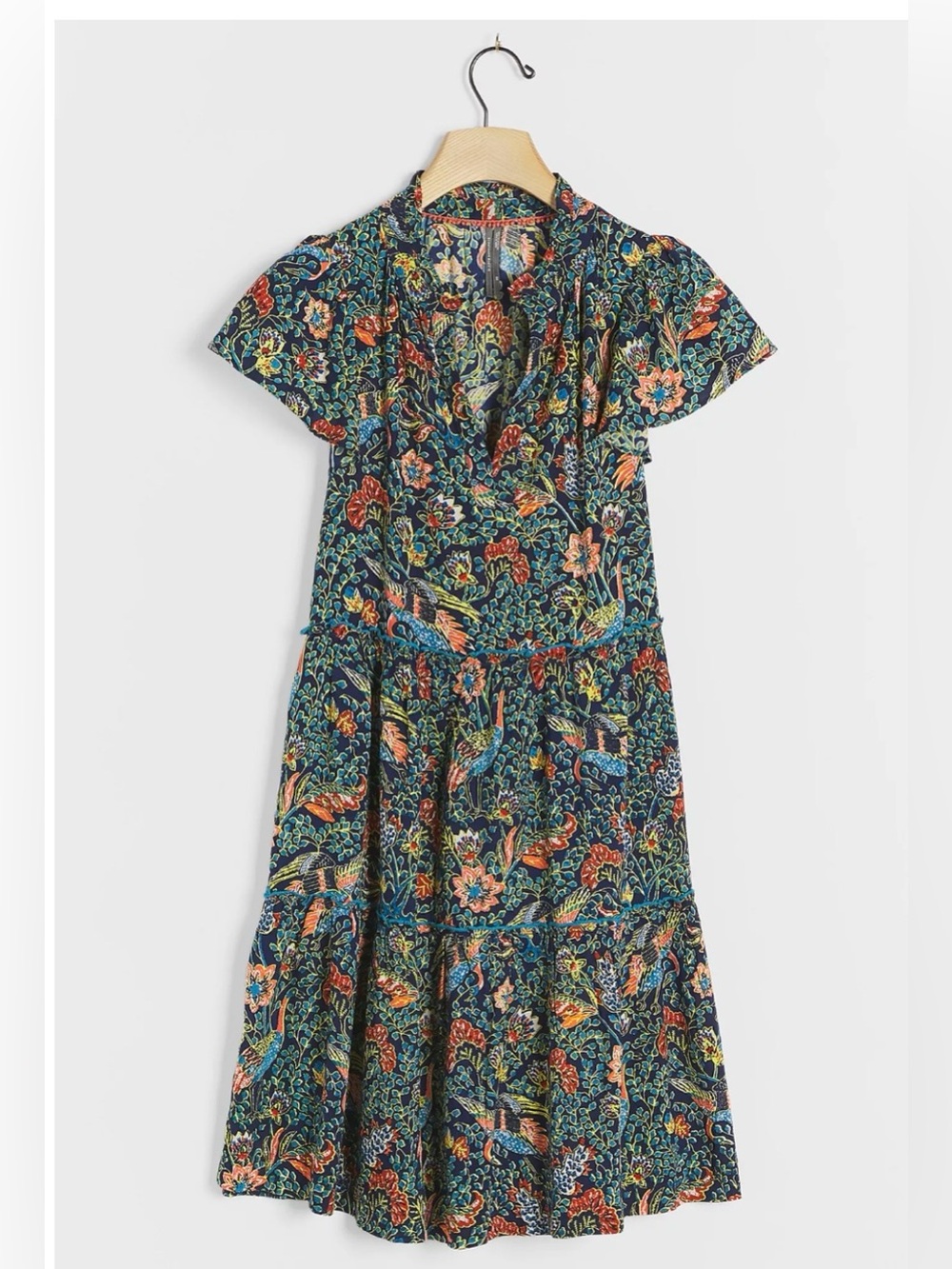 Anthropologie Penrose Floral Green Tiered  Ruffled Tunic Dress Sz S